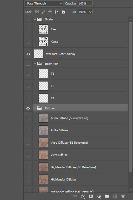 Clicking the arrow next to the folder will open the layers inside. Clicking it again closes it. Here you can click your chosen choices by clicking the space where the eye would be for that layer.