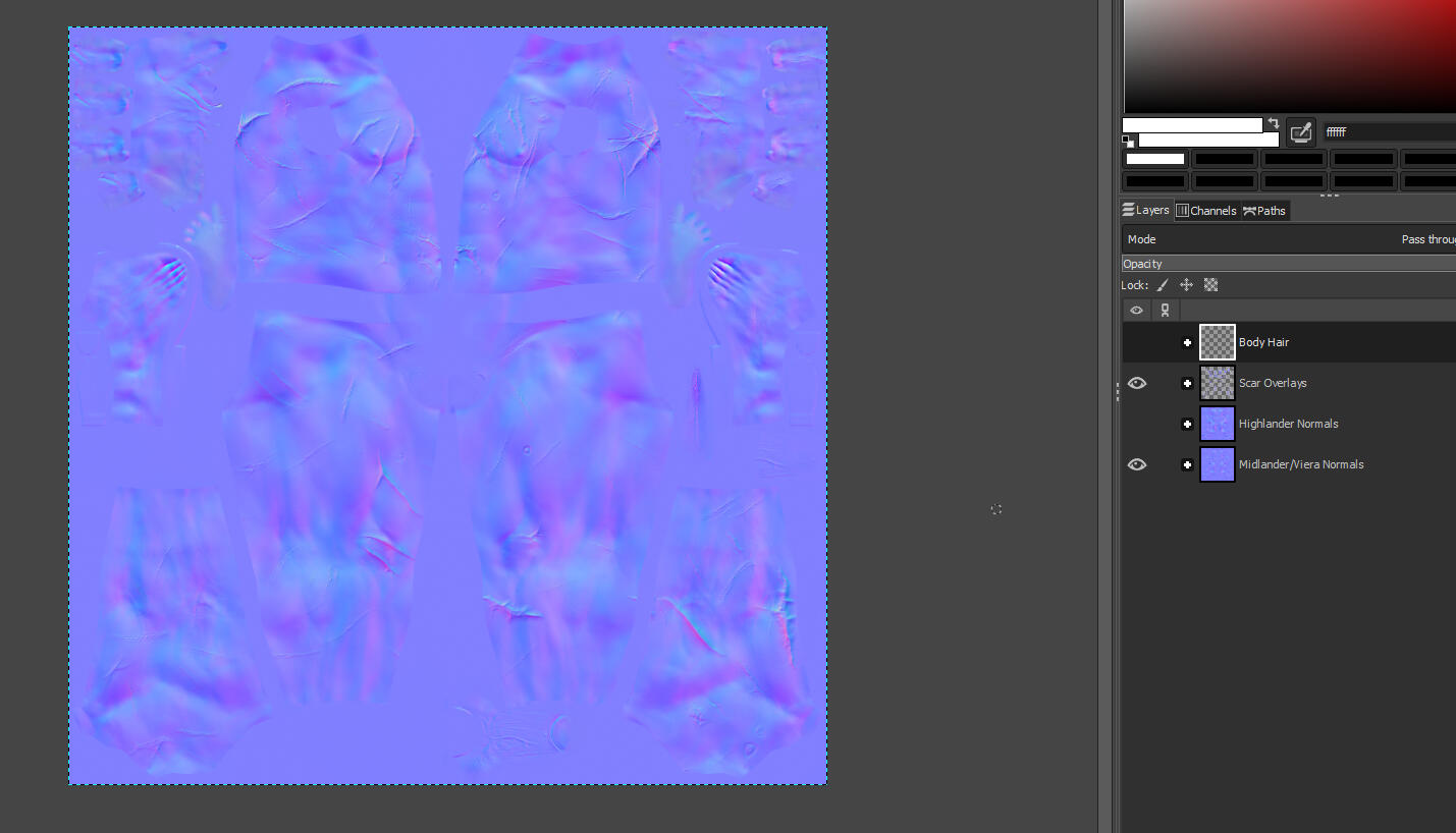 It is laid out the same as the Diffuse file. Its simply a case of choosing your desired muscle definition, in either base TBSE or my retexture. Midlander normals cover Midlander, Miqo'te, Elezen and Viera. Highlander and AuRa have separate ones.