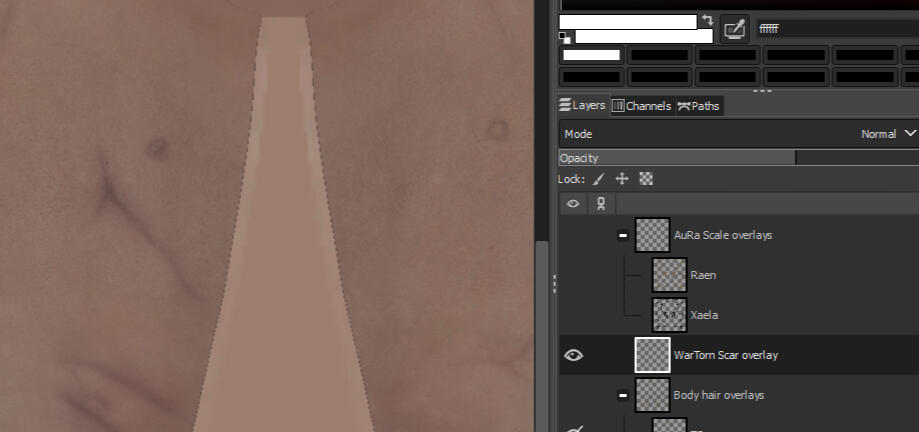 If you dont like these extra bullet holes, or even the scar across the knee - You can erase it. With the Overlay layer selected, simply click the Eraser tool and erase parts of the overlay you do not want.