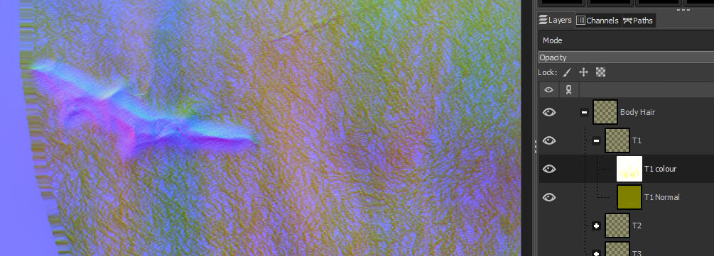 Hide the 'Colour' layer of the body hair, and select the hair normal overlay. Erase the hair 'depth'. Make the 'Colour layer' visible again and select it. Do the same on this layer. You will have to do the same on the Diffuse in the same places.