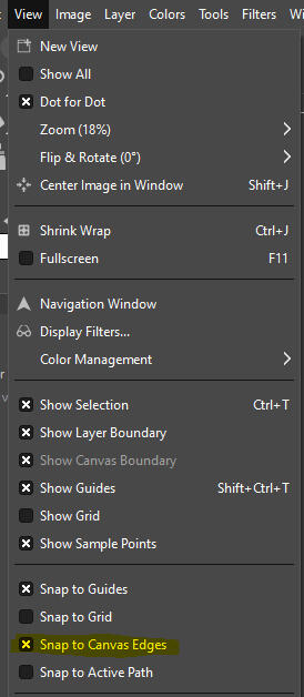 It is also helpful to have this option on for lining up the overlay with the size of the Diffuse. On the tool bar click 'View', then click to tick the box for Snap to Canvas Edges