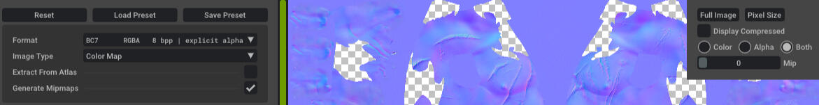 Make sure your texture is set to BC7 looks the same as this. The scales should be transparent. Click Save