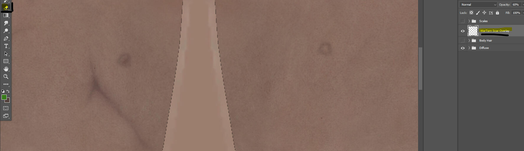 If you dont like these extra bullet holes, or even the scar across the knee - You can erase it. With the Overlay layer selected, simply click the Eraser tool and erase parts of the overlay you do not want.