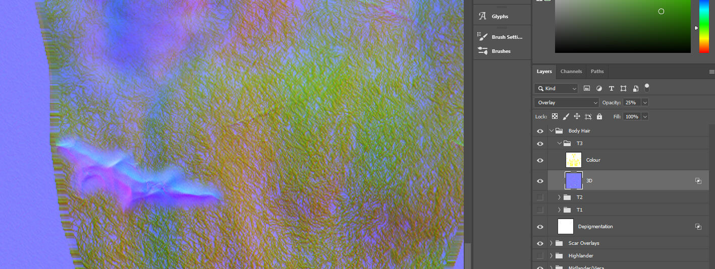Hide the 'Colour' layer of the body hair, and select the hair normal overlay. Erase the hair 'depth'. Make the 'Colour layer' visible again and select it. Do the same on this layer. You will have to do the same on the Diffuse in the same places.
