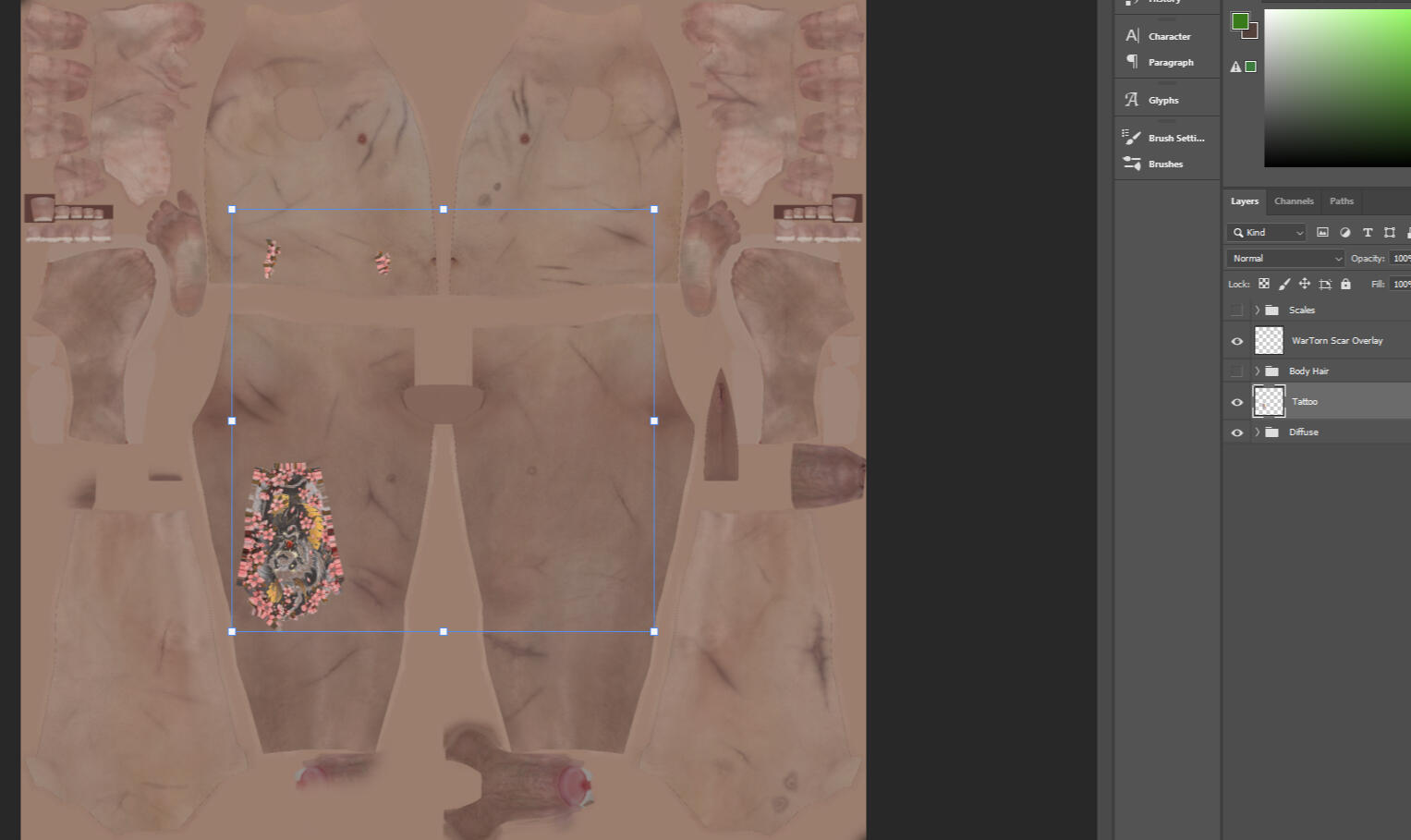 Ctrl + P to the kit file, above the Diffuse layer. Like the example, you may need to resize it. You can do this by hovering your cursor at the corner and dragging the image to fit the entire diffuse
