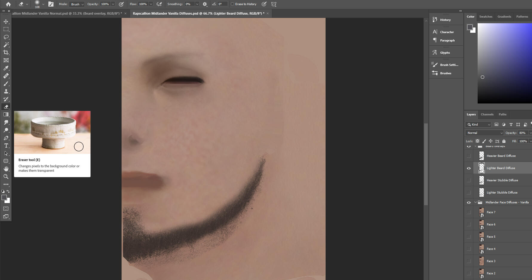With a soft eraser brush, you can erase parts of the facial hair you dont want for a custom style. Make sure you have the overlay selected that you want to edit