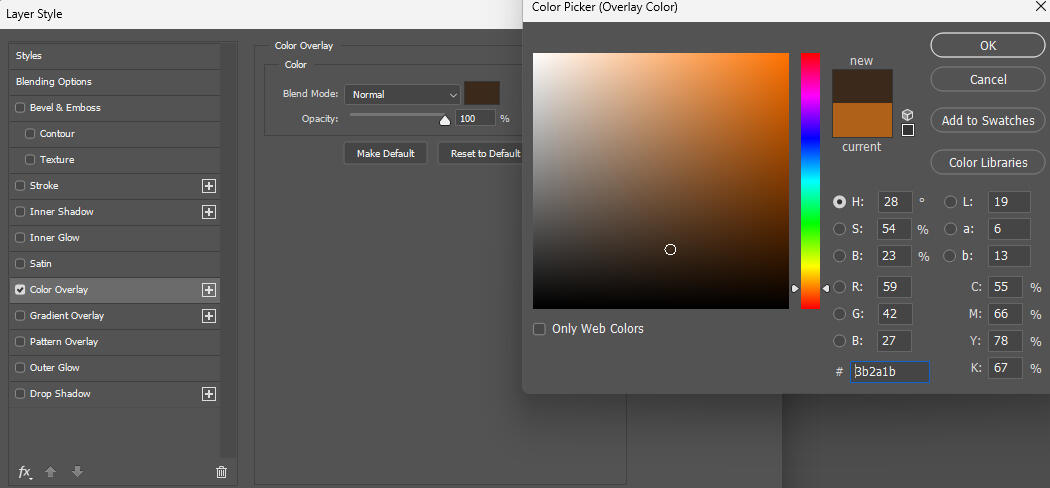 Click Colour Overlay, then the colour block. In the Colour picker, select the colour you want it to be and click OK